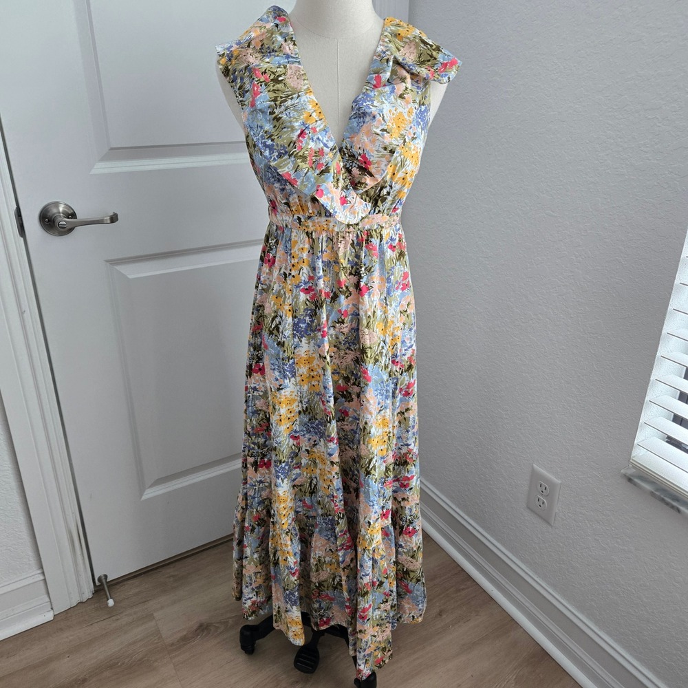 Reformation Reina Floral Ruffle V-Neck Open Back Midi Dress Multi-Color Size 2 - Picture 2 of 8